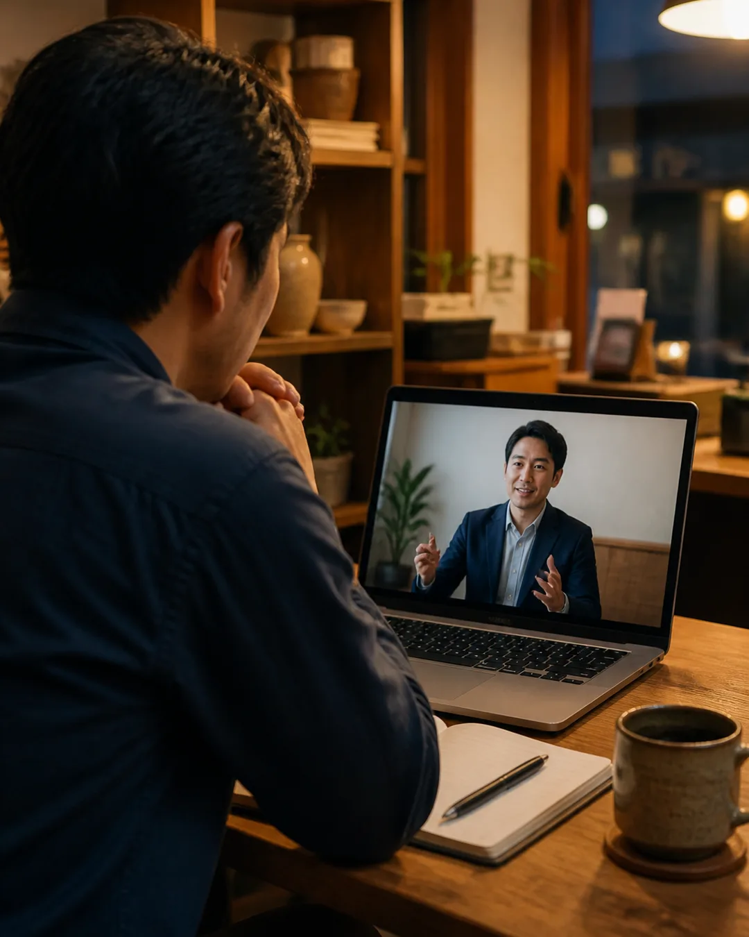 ノートPCの画面越しに顧問と話す中小企業の社長